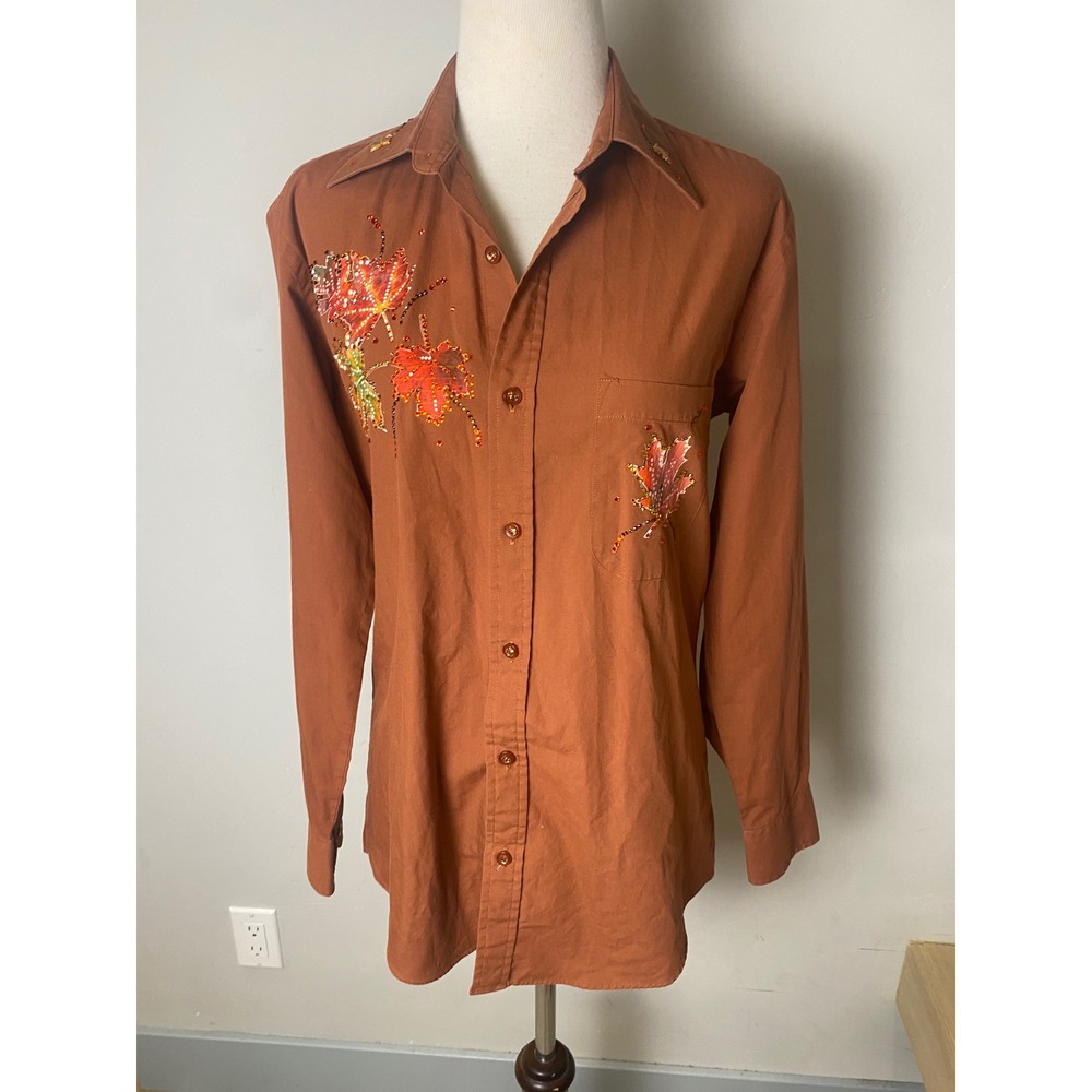 Vintage Lucasini Burnt Orange Maple Leaf Beaded Sequin Button Down Shirt 14